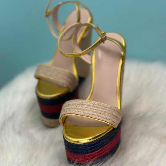 Gucci Gold Metallic Leather Jute Platform Espadrille Sandals Rare Find, 35.5Size - Picture 2 of 11